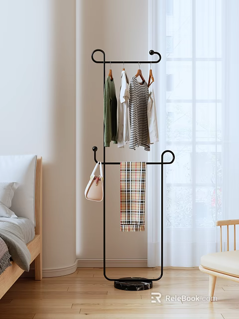 Modern Clothes Rack With Hanging Clothes Handbag And Plaid Blanket In Bedroom 3d model 