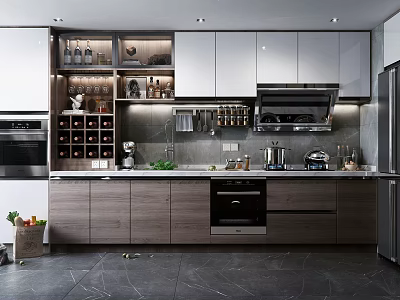 Modern Gray Wooden Kitchen Cabinets With Countertop And Built-in Appliances 3d model