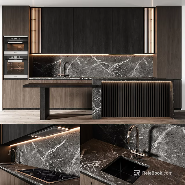 Modern Kitchen Interior Design With Dark Wood Cabinets Marble Island Countertop And Oven 3d model 