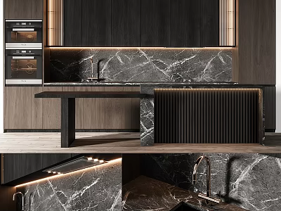 Modern Kitchen Interior Design With Dark Wood Cabinets Marble Island Countertop And Oven 3d model
