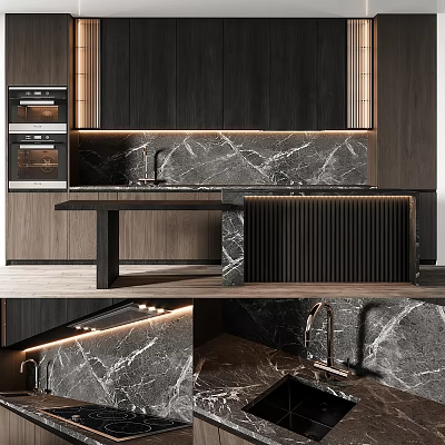 Modern Kitchen Interior Design With Dark Wood Cabinets Marble Island Countertop And Oven 3d model