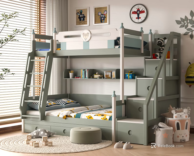 Gray Bunk Bed With Staircase Steps Underbed Drawers And Kids Room Storage 3d model 
