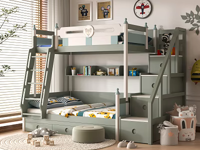 Gray Bunk Bed With Staircase Steps Underbed Drawers And Kids Room Storage 3d model