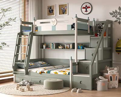 Gray Bunk Bed With Staircase Steps Underbed Drawers And Kids Room Storage 3d model