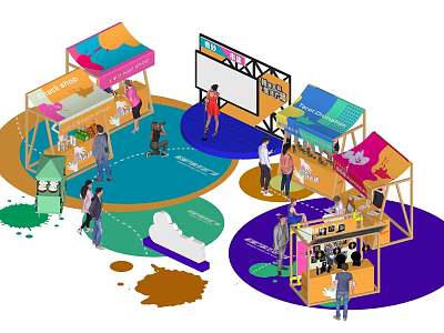 Vibrant Outdoor Event With Colorful Stalls People Interacting And Large Screen 3d model