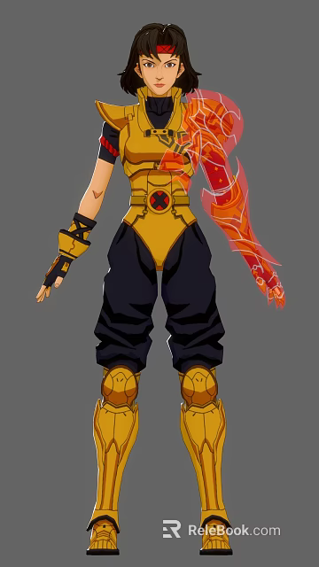 Woman In Golden Top And Black Pants With Red Decorated Arm And Golden Boots 3d model 