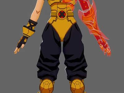 Woman In Golden Top And Black Pants With Red Decorated Arm And Golden Boots 3d model