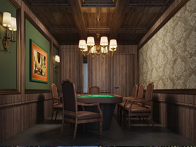 Classic Hotel Mahjong Room With Wooden Walls Chandelier Mahjong Table Leather Chairs And Decorative Painting 3d model