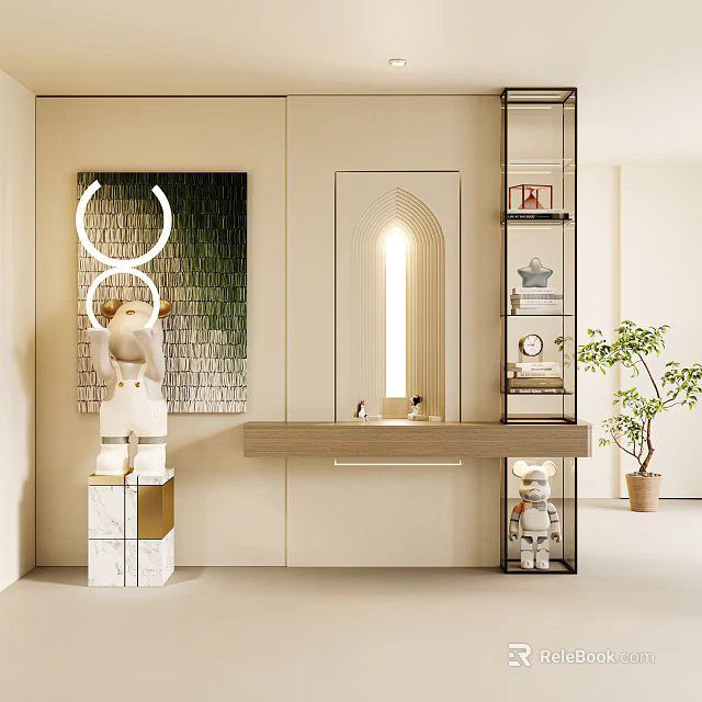 Modern Entryway Hallway With Decorative Mirror Wall Art Shelf And Plant 3d model 