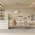 Modern Dining Room Interior With White Cabinets Island Counter Pendant Light And Beige Chairs