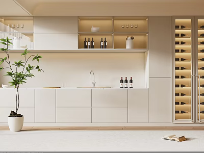 Modern White Wine Cabinet With Open Shelves Wine Bottles Glassware And Decorative Plant 3d model