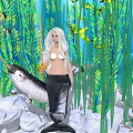 Gorgeous Mermaid in Underwater Scene with Lush Aquatic Plants and Smooth Rocks