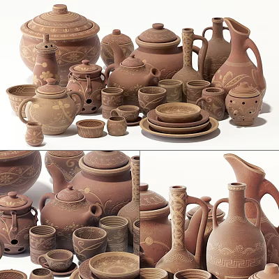 Traditional Handcrafted Ceramic Vessels Teapots Bowls Plates And Vases With Intricate Patterns 3d model