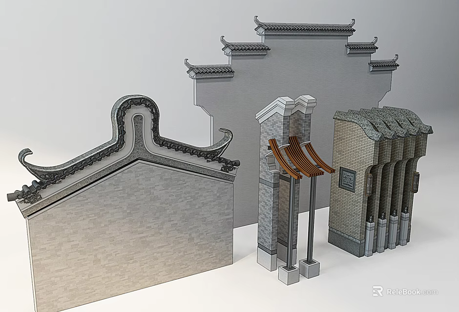 Traditional Chinese Building Exterior Wall Features Decorative Eaves Gray Tiles And Brick Walls 3d model 
