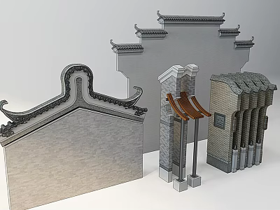 Traditional Chinese Building Exterior Wall Features Decorative Eaves Gray Tiles And Brick Walls 3d model
