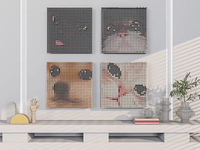 Black And Gold Grid Artworks On White Wall With Shelf Plants And Books 3d model