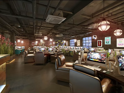 Modern Internet Cafe With Comfortable Seats Gaming Computers And Large Screens 3d model