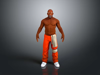 Shirtless Muscular Man with Bald Head and Beard Wearing Orange Pants and White Shoes 3d model