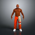 Shirtless Muscular Man with Bald Head and Beard Wearing Orange Pants and White Shoes