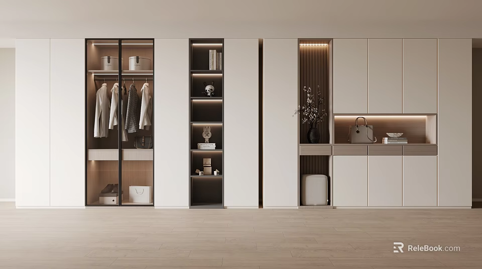 Modern Wardrobe Interior Design With Glass Doors Storage Shelves And Decorative Vase 3d model 