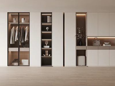 Modern Wardrobe Interior Design With Glass Doors Storage Shelves And Decorative Vase 3d model