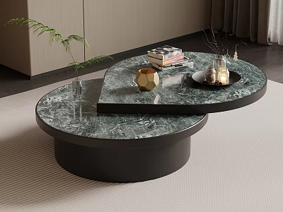 Modern Irregular Shape Marble Coffee Table With Books Decorative Items And Plants 3d model
