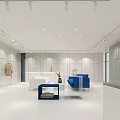 Modern Clothing Store Interior With Marble Reception Counter Blue Seating And Plants