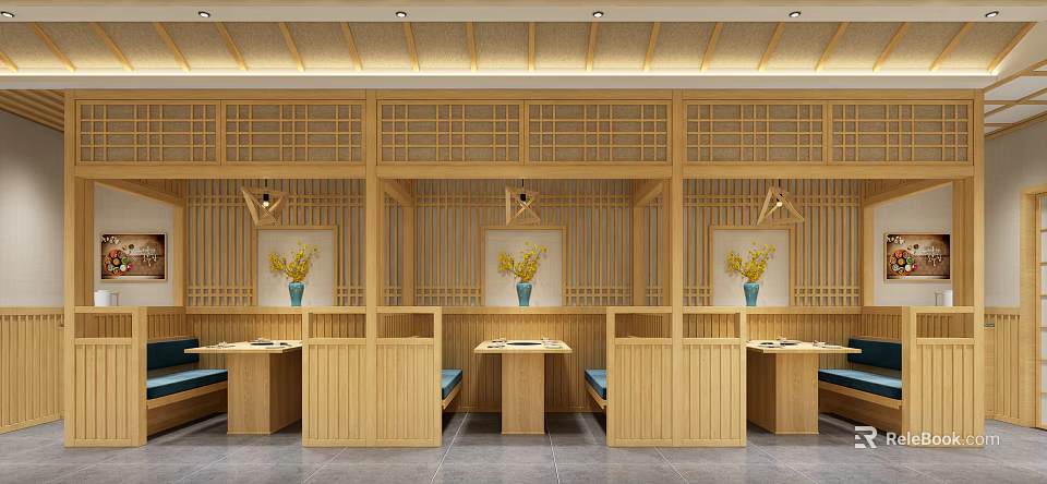 Traditional Japanese Restaurant Interior With Wooden Partitions Booth Seats And Decorative Paintings 3d model 