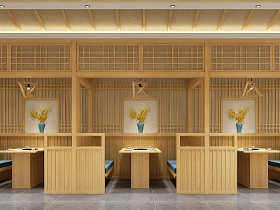 Traditional Japanese Restaurant Interior With Wooden Partitions Booth Seats And Decorative Paintings 3d model