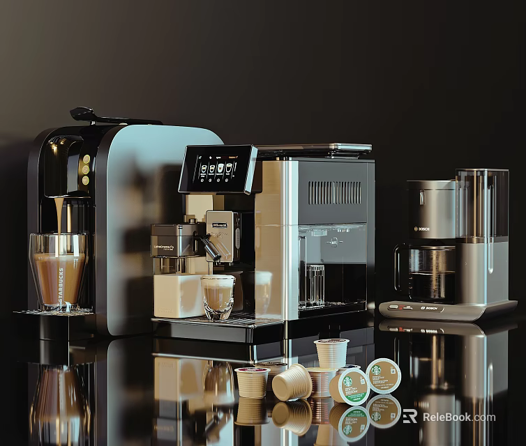 Modern Stylish Kitchen Appliances With Automatic Coffee Machine Milk Frother Coffee Cups And Capsules 3d model 