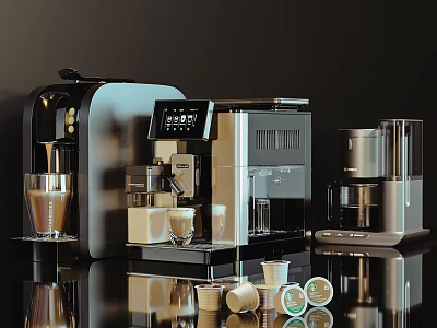 Modern Stylish Kitchen Appliances With Automatic Coffee Machine Milk Frother Coffee Cups And Capsules 3d model