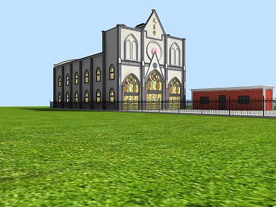 Ancient Gothic Church Building With Pointed Windows Symmetric Design Green Lawn And Red Brick Annex 3d model