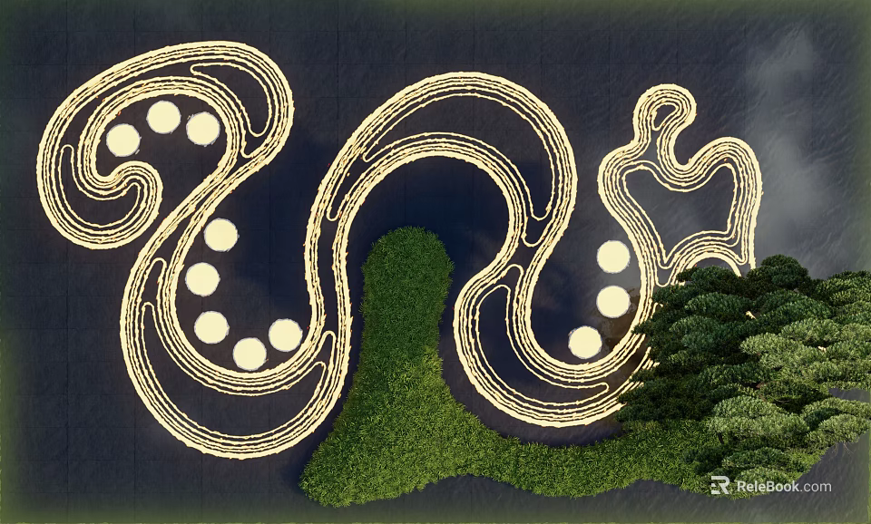Garden Landscape Design With Golden Curved Paths Green Lawn And Circular Elements 3d model 