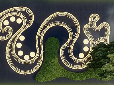 Garden Landscape Design With Golden Curved Paths Green Lawn And Circular Elements 3d model