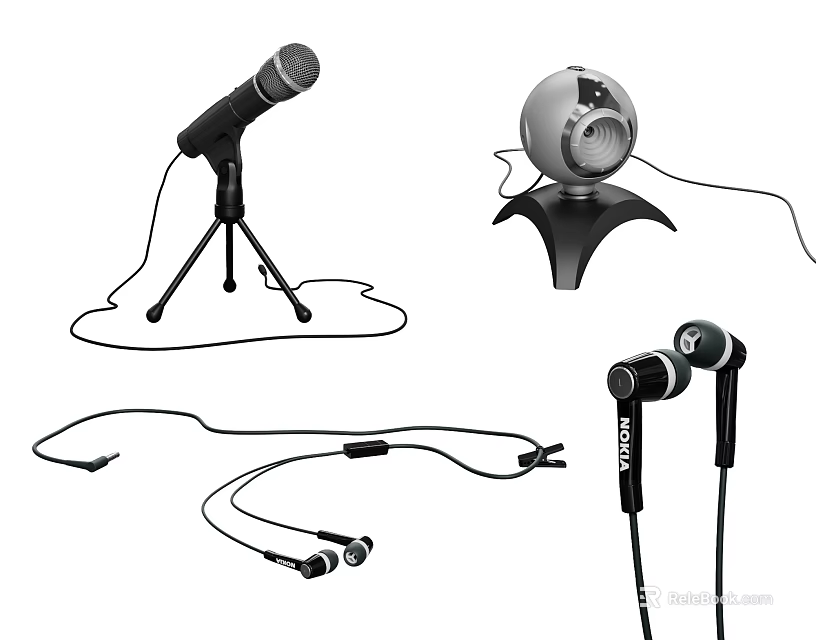 Headphones and Audio Equipment With Microphone Stand In Ear Headphones and Connection Cables 3d model 