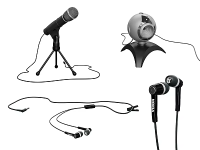 Headphones and Audio Equipment With Microphone Stand In Ear Headphones and Connection Cables 3d model