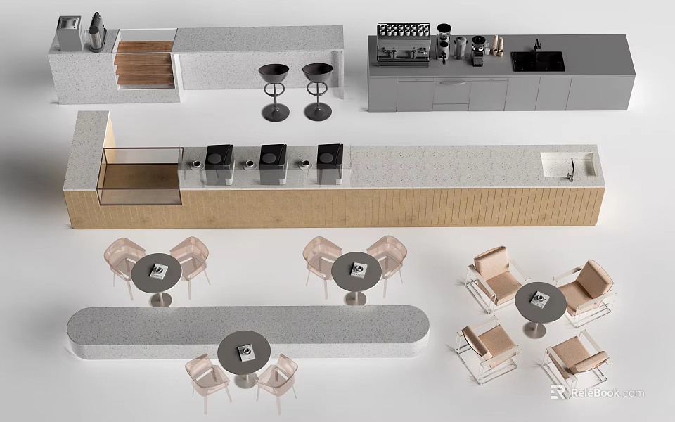 Modern Bar Counter Interior Design With Wooden Frame Gray Top And Stools 3d model 