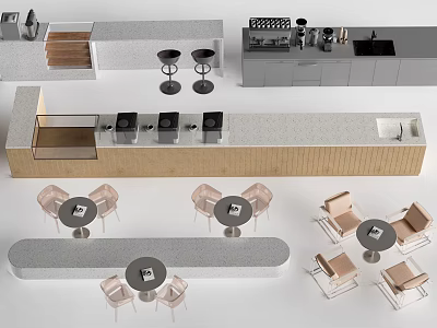 Modern Bar Counter Interior Design With Wooden Frame Gray Top And Stools 3d model