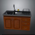 Wooden Kitchen Sink Cabinet With Stainless Steel Double Sink Faucet And Dish Rack