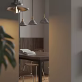 Modern Public Office Space With Wooden Desk Gray Office Chairs Hanging Lights And Window Blinds