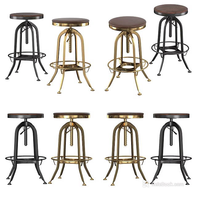 Modern Black and Gold Bar Stools with Metal Frame Wooden Seat and Footrest Design 3d model 