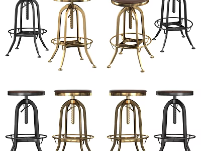 Modern Black and Gold Bar Stools with Metal Frame Wooden Seat and Footrest Design 3d model