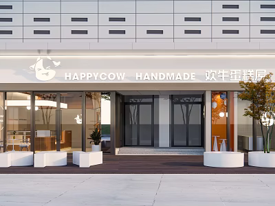 HAPPYCOW HANDMADE Dessert Shop Handmade Cakes Storefront with Glass Windows and Outdoor Plants 3d model