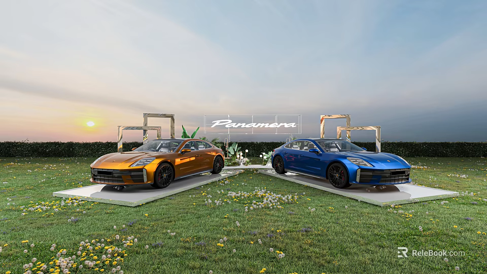 Favorware Outdoor Vehicle Display With Orange And Blue Cars Showcased On Grass Field At Sunset 3d model 