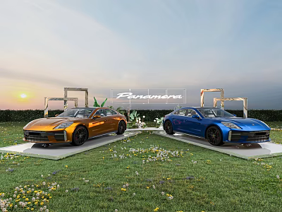 Favorware Outdoor Vehicle Display With Orange And Blue Cars Showcased On Grass Field At Sunset 3d model