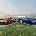 Favorware Outdoor Vehicle Display With Orange And Blue Cars Showcased On Grass Field At Sunset