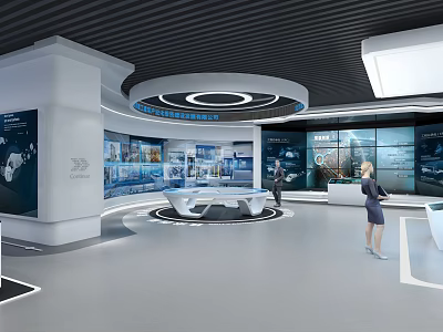 Modern High Tech Exhibition Hall Interior With Large Screens And Display Counters 3d model
