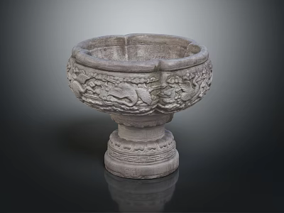 Elegant Stone Decorative Bowl With Intricate Carved Patterns And Pedestal Base 3d model