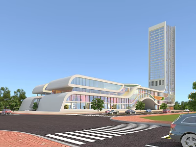 Modern Commercial Complex Architectural Design with Tall Tower Glass Facade Plaza Parking and Greenery 3d model