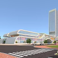 Modern Commercial Complex Architectural Design with Tall Tower Glass Facade Plaza Parking and Greenery